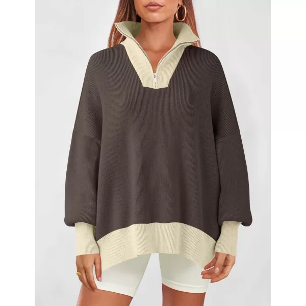 ZESICA Womens Striped Sweaters Half Zipper Long Sleeve Ribbed Knit Loose Oversized Pullover Sweater TopsNutmeg