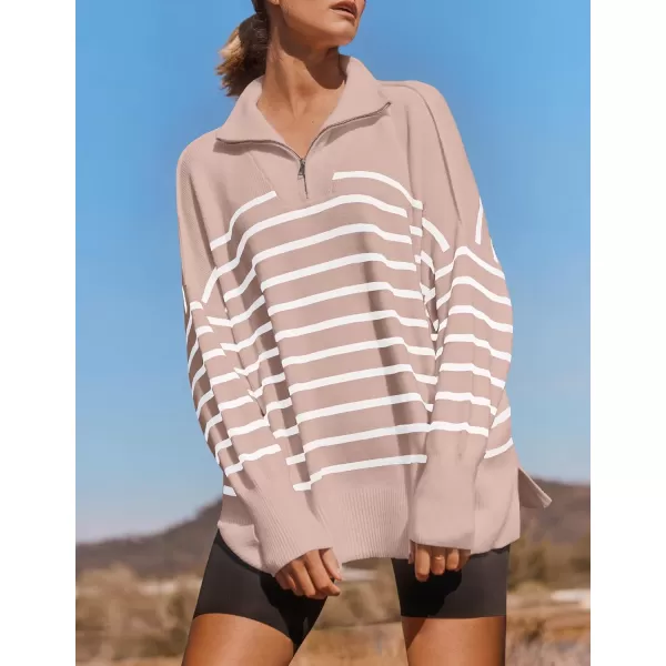 ZESICA Womens Striped Sweaters Half Zipper Long Sleeve Ribbed Knit Loose Oversized Pullover Sweater TopsPink
