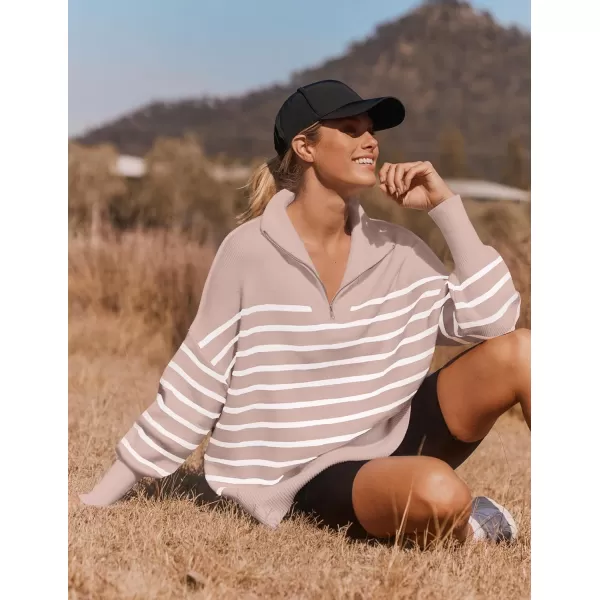 ZESICA Womens Striped Sweaters Half Zipper Long Sleeve Ribbed Knit Loose Oversized Pullover Sweater TopsPink