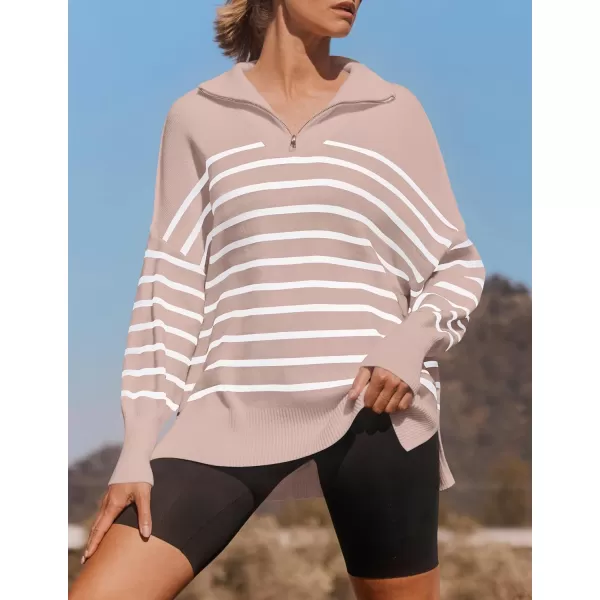 ZESICA Womens Striped Sweaters Half Zipper Long Sleeve Ribbed Knit Loose Oversized Pullover Sweater TopsPink