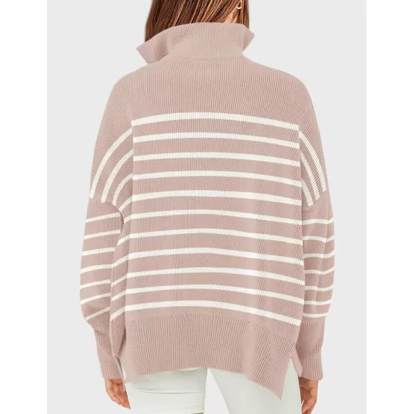ZESICA Womens Striped Sweaters Half Zipper Long Sleeve Ribbed Knit Loose Oversized Pullover Sweater TopsPink
