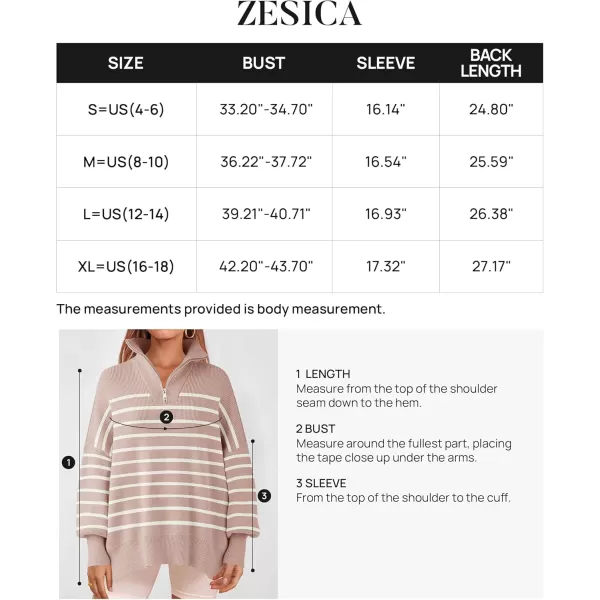 ZESICA Womens Striped Sweaters Half Zipper Long Sleeve Ribbed Knit Loose Oversized Pullover Sweater TopsPink