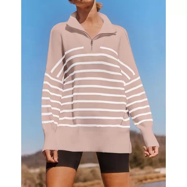 ZESICA Womens Striped Sweaters Half Zipper Long Sleeve Ribbed Knit Loose Oversized Pullover Sweater TopsPink