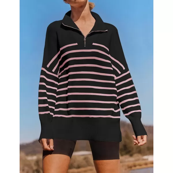 ZESICA Womens Striped Sweaters Half Zipper Long Sleeve Ribbed Knit Loose Oversized Pullover Sweater TopsPinkblack