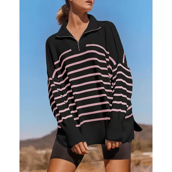 ZESICA Womens Striped Sweaters Half Zipper Long Sleeve Ribbed Knit Loose Oversized Pullover Sweater TopsPinkblack