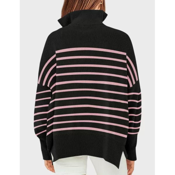 ZESICA Womens Striped Sweaters Half Zipper Long Sleeve Ribbed Knit Loose Oversized Pullover Sweater TopsPinkblack