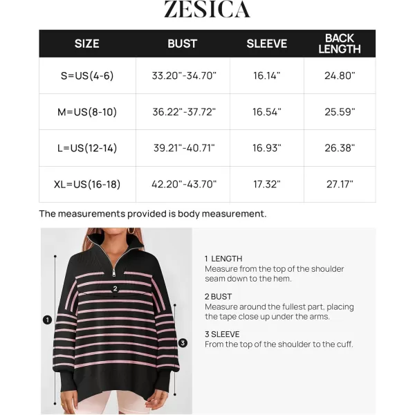 ZESICA Womens Striped Sweaters Half Zipper Long Sleeve Ribbed Knit Loose Oversized Pullover Sweater TopsPinkblack