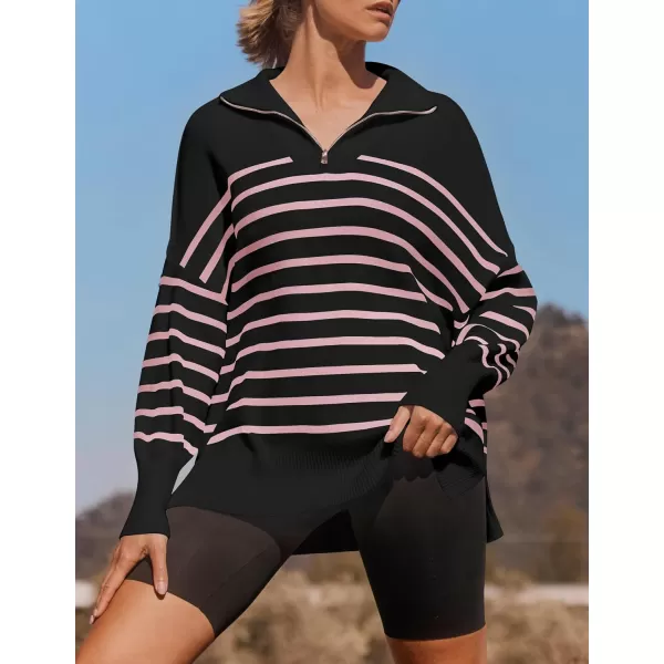 ZESICA Womens Striped Sweaters Half Zipper Long Sleeve Ribbed Knit Loose Oversized Pullover Sweater TopsPinkblack