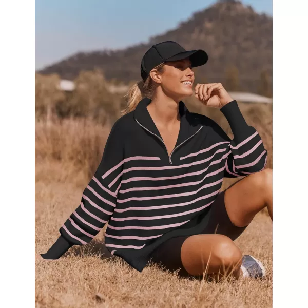 ZESICA Womens Striped Sweaters Half Zipper Long Sleeve Ribbed Knit Loose Oversized Pullover Sweater TopsPinkblack
