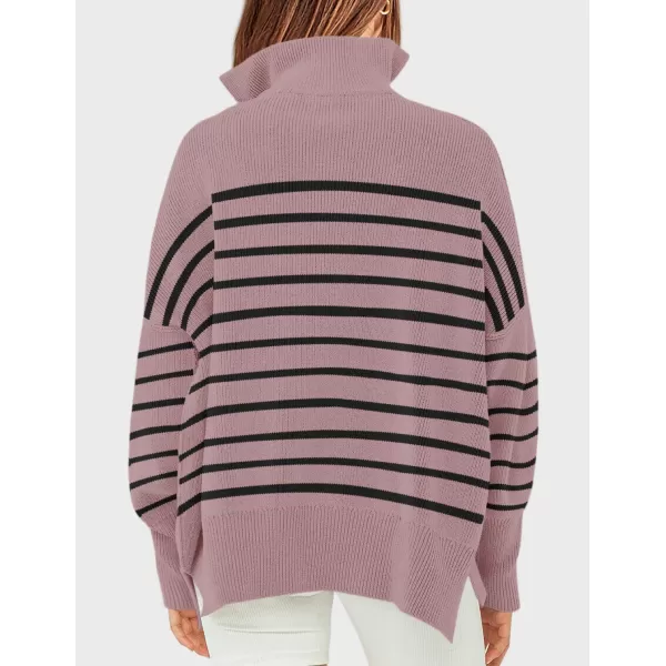 ZESICA Womens Striped Sweaters Half Zipper Long Sleeve Ribbed Knit Loose Oversized Pullover Sweater TopsPurple