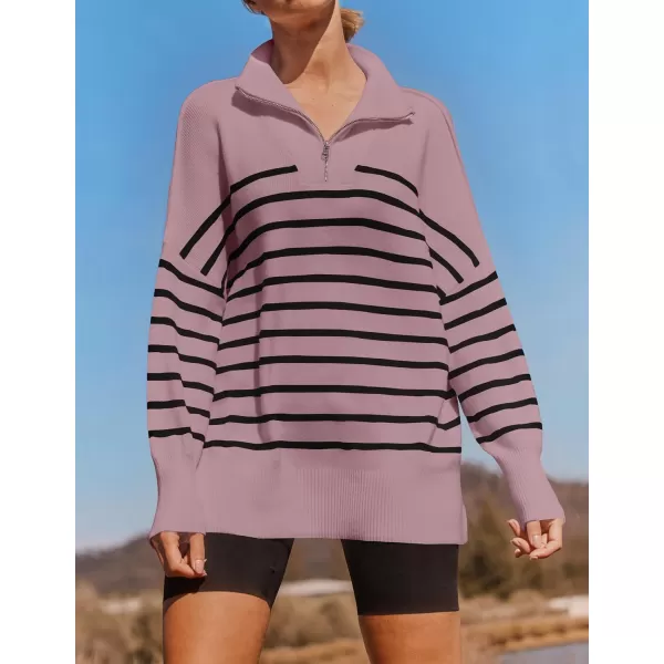 ZESICA Womens Striped Sweaters Half Zipper Long Sleeve Ribbed Knit Loose Oversized Pullover Sweater TopsPurple