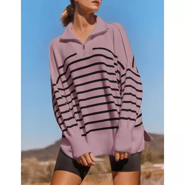 ZESICA Womens Striped Sweaters Half Zipper Long Sleeve Ribbed Knit Loose Oversized Pullover Sweater TopsPurple