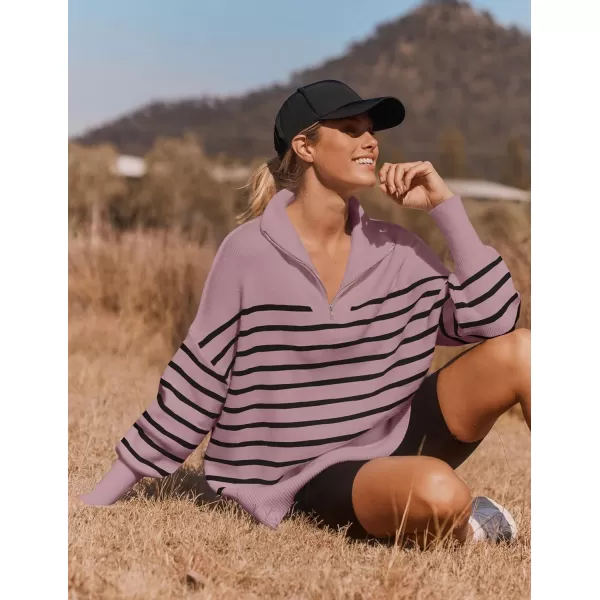ZESICA Womens Striped Sweaters Half Zipper Long Sleeve Ribbed Knit Loose Oversized Pullover Sweater TopsPurple