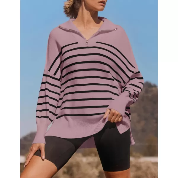 ZESICA Womens Striped Sweaters Half Zipper Long Sleeve Ribbed Knit Loose Oversized Pullover Sweater TopsPurple