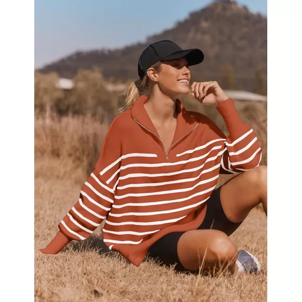 ZESICA Womens Striped Sweaters Half Zipper Long Sleeve Ribbed Knit Loose Oversized Pullover Sweater TopsRust