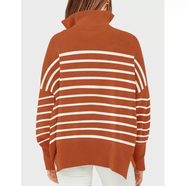 ZESICA Womens Striped Sweaters Half Zipper Long Sleeve Ribbed Knit Loose Oversized Pullover Sweater TopsRust