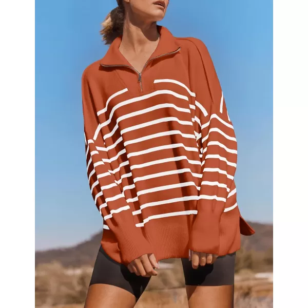 ZESICA Womens Striped Sweaters Half Zipper Long Sleeve Ribbed Knit Loose Oversized Pullover Sweater TopsRust