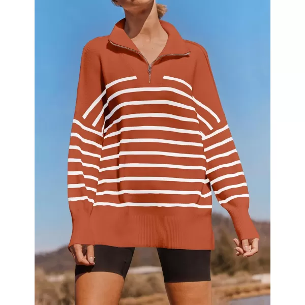 ZESICA Womens Striped Sweaters Half Zipper Long Sleeve Ribbed Knit Loose Oversized Pullover Sweater TopsRust