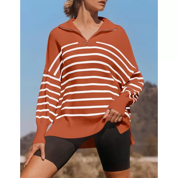 ZESICA Womens Striped Sweaters Half Zipper Long Sleeve Ribbed Knit Loose Oversized Pullover Sweater TopsRust