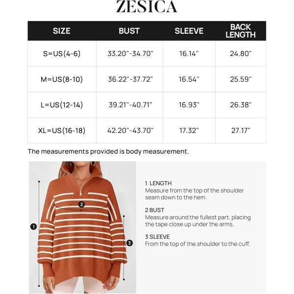ZESICA Womens Striped Sweaters Half Zipper Long Sleeve Ribbed Knit Loose Oversized Pullover Sweater TopsRust