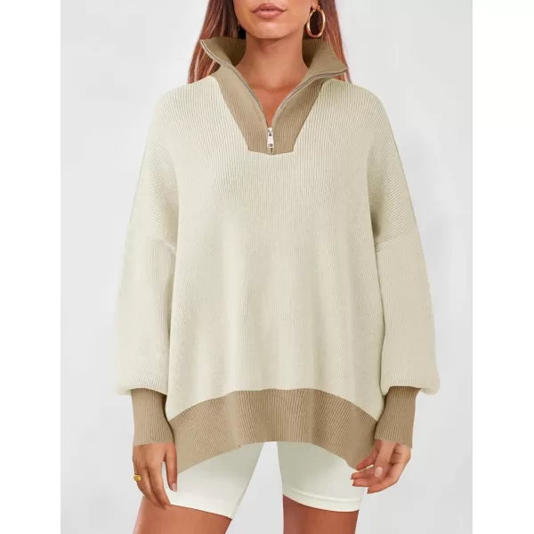 ZESICA Womens Striped Sweaters Half Zipper Long Sleeve Ribbed Knit Loose Oversized Pullover Sweater TopsSand