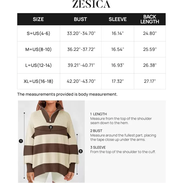 ZESICA Womens Striped Sweaters Half Zipper Long Sleeve Ribbed Knit Loose Oversized Pullover Sweater TopsTan