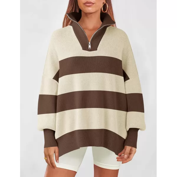ZESICA Womens Striped Sweaters Half Zipper Long Sleeve Ribbed Knit Loose Oversized Pullover Sweater TopsTan