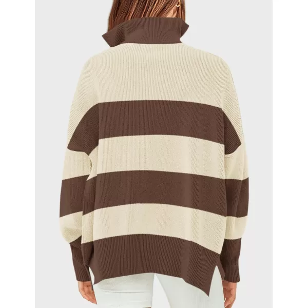 ZESICA Womens Striped Sweaters Half Zipper Long Sleeve Ribbed Knit Loose Oversized Pullover Sweater TopsTan