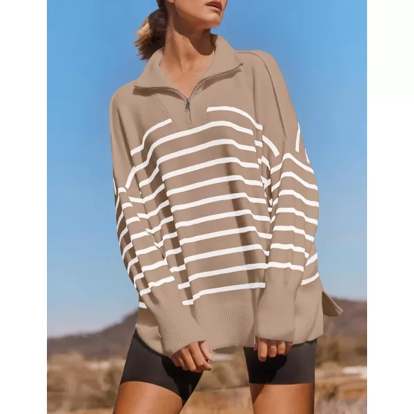 ZESICA Womens Striped Sweaters Half Zipper Long Sleeve Ribbed Knit Loose Oversized Pullover Sweater TopsToffee