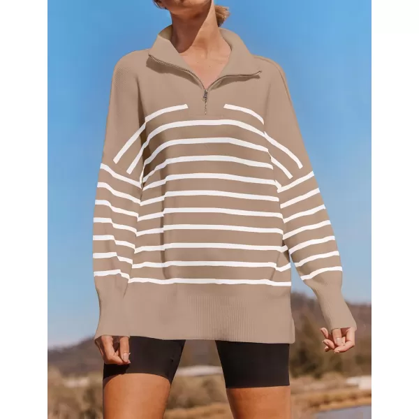 ZESICA Womens Striped Sweaters Half Zipper Long Sleeve Ribbed Knit Loose Oversized Pullover Sweater TopsToffee