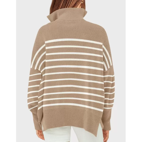 ZESICA Womens Striped Sweaters Half Zipper Long Sleeve Ribbed Knit Loose Oversized Pullover Sweater TopsToffee