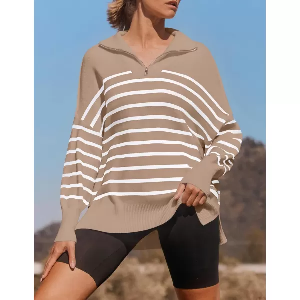 ZESICA Womens Striped Sweaters Half Zipper Long Sleeve Ribbed Knit Loose Oversized Pullover Sweater TopsToffee