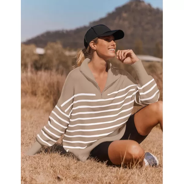 ZESICA Womens Striped Sweaters Half Zipper Long Sleeve Ribbed Knit Loose Oversized Pullover Sweater TopsToffee