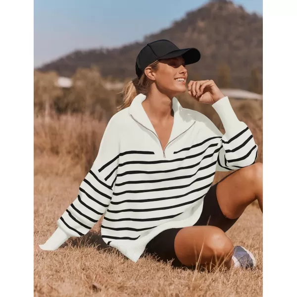 ZESICA Womens Striped Sweaters Half Zipper Long Sleeve Ribbed Knit Loose Oversized Pullover Sweater TopsWhite