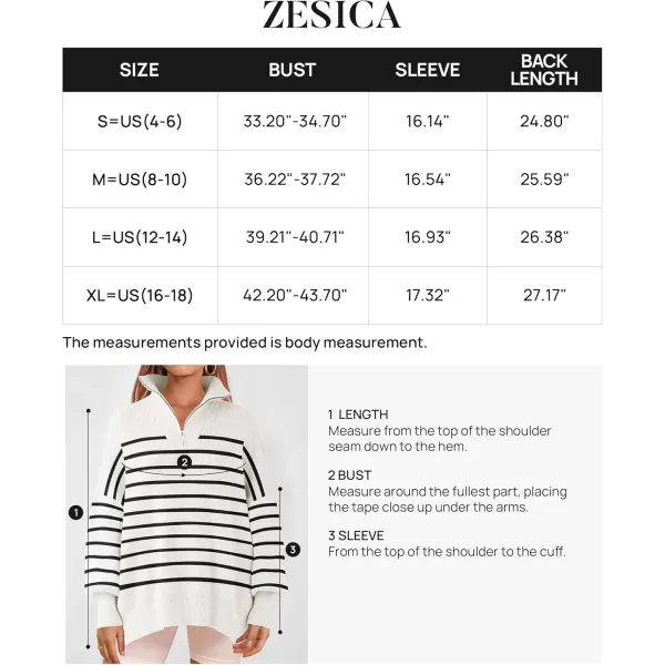 ZESICA Womens Striped Sweaters Half Zipper Long Sleeve Ribbed Knit Loose Oversized Pullover Sweater TopsWhite