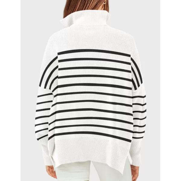 ZESICA Womens Striped Sweaters Half Zipper Long Sleeve Ribbed Knit Loose Oversized Pullover Sweater TopsWhite