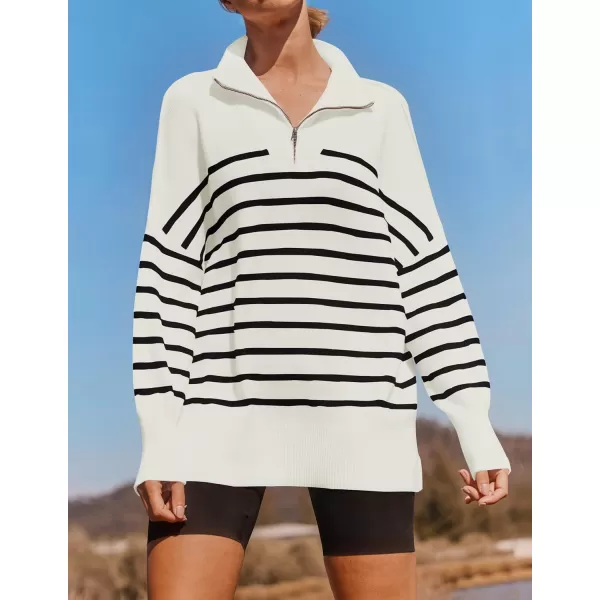 ZESICA Womens Striped Sweaters Half Zipper Long Sleeve Ribbed Knit Loose Oversized Pullover Sweater TopsWhite