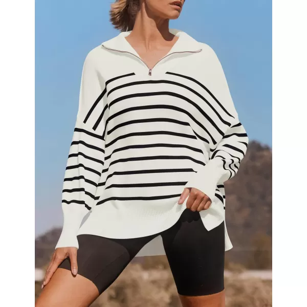 ZESICA Womens Striped Sweaters Half Zipper Long Sleeve Ribbed Knit Loose Oversized Pullover Sweater TopsWhite