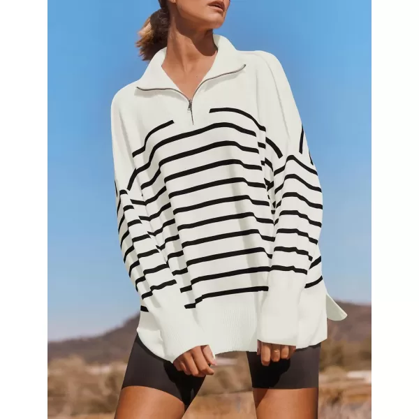 ZESICA Womens Striped Sweaters Half Zipper Long Sleeve Ribbed Knit Loose Oversized Pullover Sweater TopsWhite