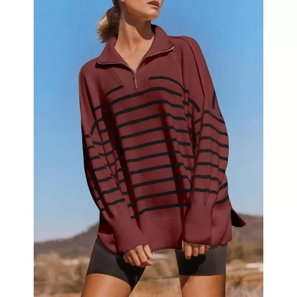 ZESICA Womens Striped Sweaters Half Zipper Long Sleeve Ribbed Knit Loose Oversized Pullover Sweater TopsWine