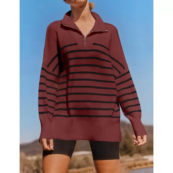ZESICA Womens Striped Sweaters Half Zipper Long Sleeve Ribbed Knit Loose Oversized Pullover Sweater TopsWine