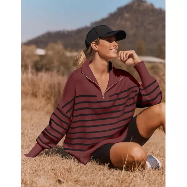 ZESICA Womens Striped Sweaters Half Zipper Long Sleeve Ribbed Knit Loose Oversized Pullover Sweater TopsWine