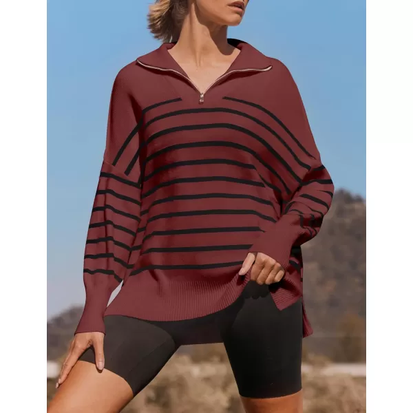ZESICA Womens Striped Sweaters Half Zipper Long Sleeve Ribbed Knit Loose Oversized Pullover Sweater TopsWine