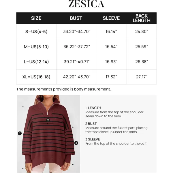 ZESICA Womens Striped Sweaters Half Zipper Long Sleeve Ribbed Knit Loose Oversized Pullover Sweater TopsWine