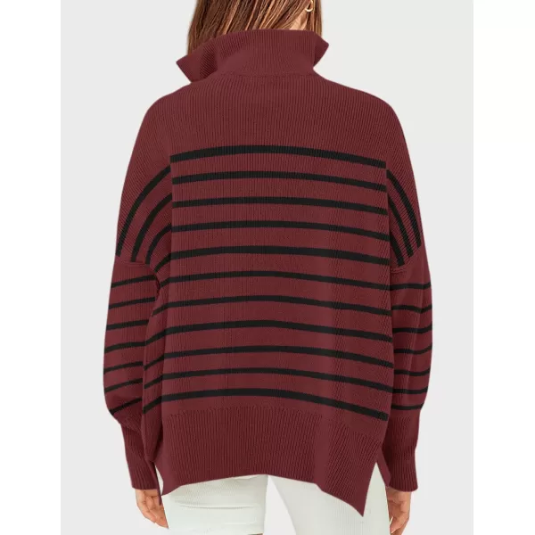 ZESICA Womens Striped Sweaters Half Zipper Long Sleeve Ribbed Knit Loose Oversized Pullover Sweater TopsWine