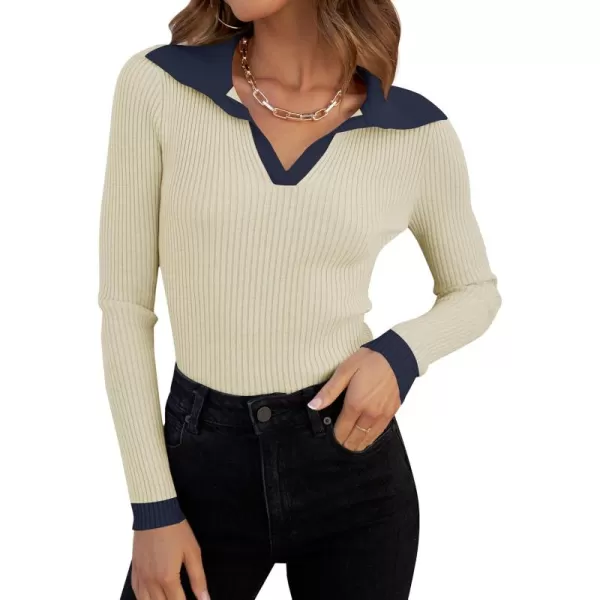 ZESICA Sweaters for Women 2024 Fall Long Sleeve V Neck Ribbed Knit Pullover Tops Casual Slim Fit Basic Tee ShirtsApricot