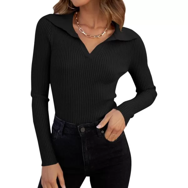 ZESICA Sweaters for Women 2024 Fall Long Sleeve V Neck Ribbed Knit Pullover Tops Casual Slim Fit Basic Tee ShirtsBlack