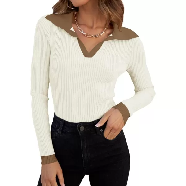 ZESICA Sweaters for Women 2024 Fall Long Sleeve V Neck Ribbed Knit Pullover Tops Casual Slim Fit Basic Tee ShirtsCream