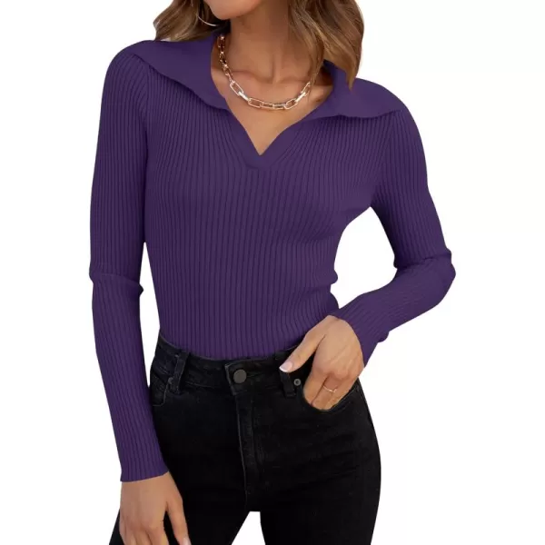 ZESICA Sweaters for Women 2024 Fall Long Sleeve V Neck Ribbed Knit Pullover Tops Casual Slim Fit Basic Tee ShirtsDark Purple