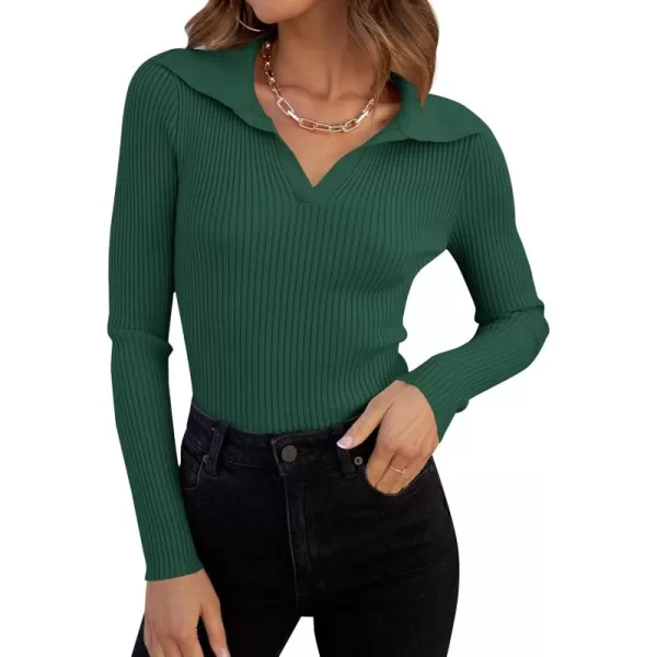 ZESICA Sweaters for Women 2024 Fall Long Sleeve V Neck Ribbed Knit Pullover Tops Casual Slim Fit Basic Tee ShirtsDarkgreen